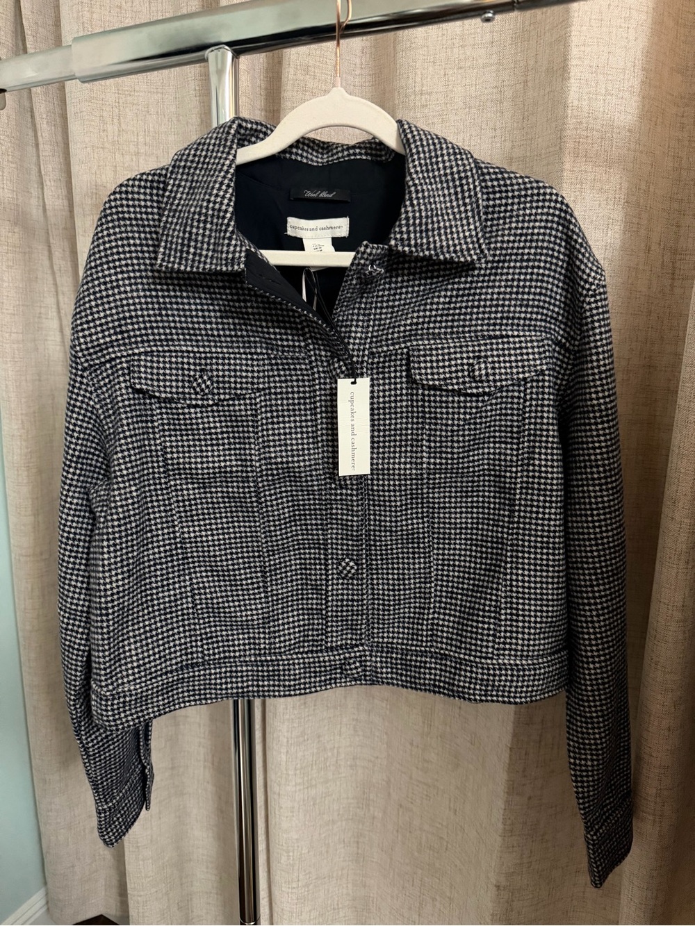Wool-Blend Houndstooth Cropped Jacket - Navy/White